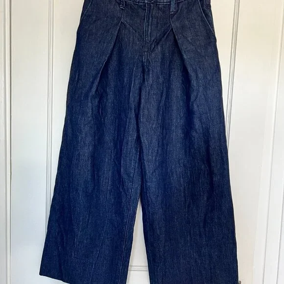 Banana Republic Womens Pleated Wide Leg Dark Rinse High Rise Jeans 24P - Picture 2 of 5